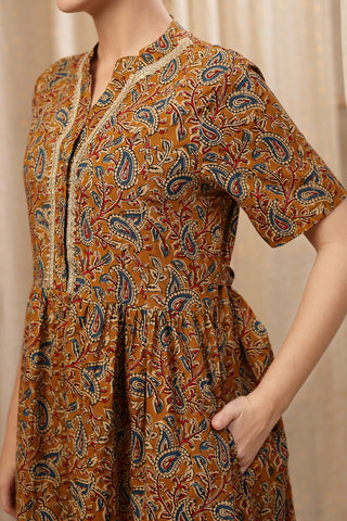 Back View of Mehr – The Festive Zipless Feeding Lapel Dress- Mustard Yellow - Flattering Silhouette for Pregnancy