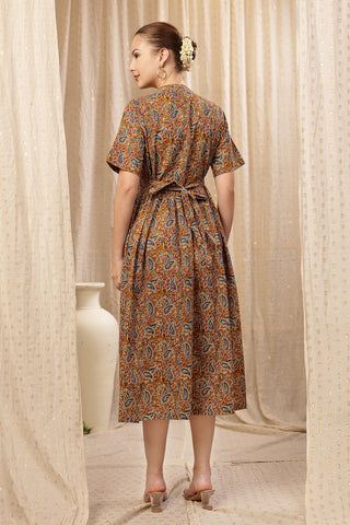 Close Up of Cotton Fabric Detail on Mehr – The Festive Zipless Feeding Lapel Dress- Mustard Yellow