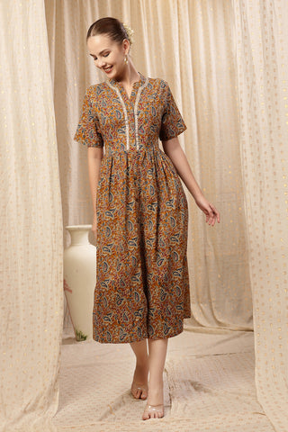 Mehr – The Festive Zipless Feeding Lapel Dress- Mustard Yellow Front View - Yellow Cotton Maternity Dress with Feeding