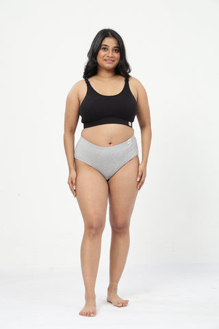 Riva Fine-Rib Cotton Feeding Bra & Mid Rise Hipster - (Black & Grey Melange)