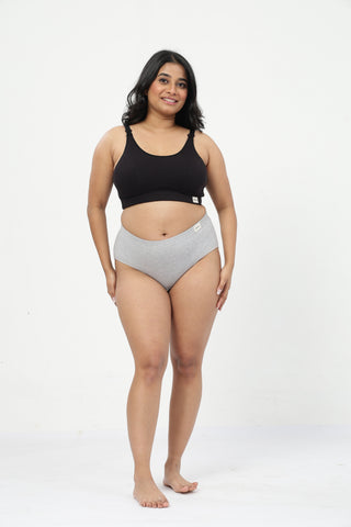 Riva Fine-Rib Cotton Feeding Bra & Mid Rise Hipster - (Black & Grey Melange)