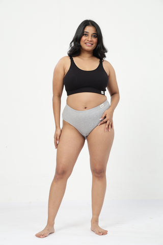 Riva Fine-Rib Cotton Feeding Bra & Mid Rise Hipster - (Black & Grey Melange)