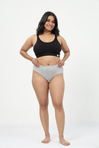 Riva Fine-Rib Cotton Feeding Bra & Mid Rise Hipster - (Black & Grey Melange)