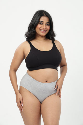 Riva Fine-Rib Cotton Feeding Bra & Mid Rise Hipster - (Black & Grey Melange)