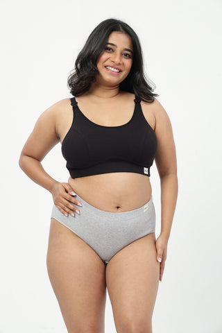 Riva Fine-Rib Cotton Feeding Bra & Mid Rise Hipster - (Black & Grey Melange)