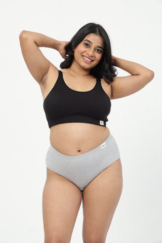 Riva Fine-Rib Cotton Feeding Bra & Mid Rise Hipster - (Black & Grey Melange)