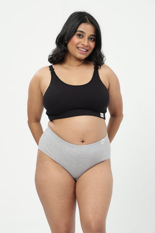 Riva Fine-Rib Cotton Feeding Bra & Mid Rise Hipster - (Black & Grey Melange)