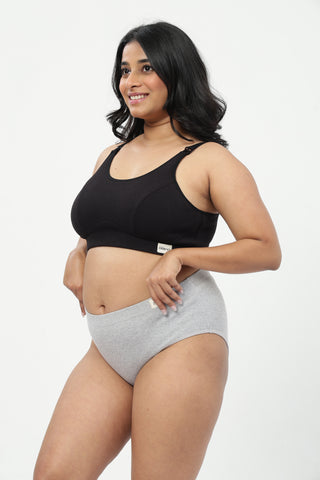 Riva Fine-Rib Cotton Feeding Bra & Mid Rise Hipster - (Black & Grey Melange)