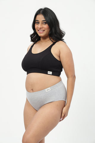 Riva Fine-Rib Cotton Feeding Bra & Mid Rise Hipster - (Black & Grey Melange)
