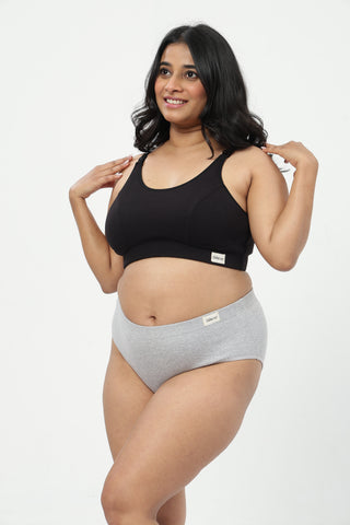Riva Fine-Rib Cotton Feeding Bra & Mid Rise Hipster - (Black & Grey Melange)