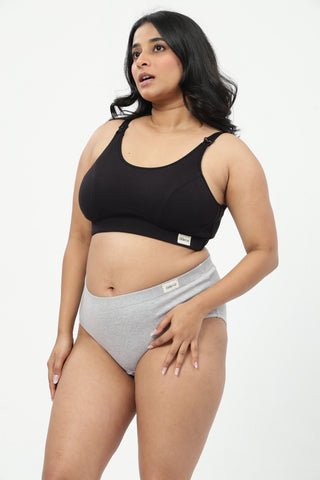 Riva Fine-Rib Cotton Feeding Bra & Mid Rise Hipster - (Black & Grey Melange)