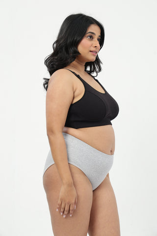 Riva Fine-Rib Cotton Feeding Bra & Mid Rise Hipster - (Black & Grey Melange)