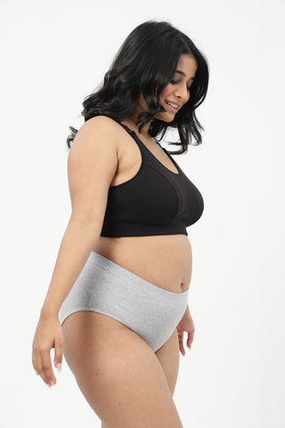 Riva Fine-Rib Cotton Feeding Bra & Mid Rise Hipster - (Black & Grey Melange)