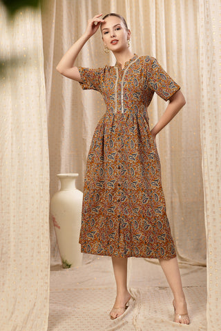 Woman wearing Mehr – The Festive Zipless Feeding Lapel Dress- Mustard Yellow in Yellow - Pre & Post Pregnancy