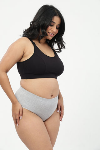 Riva Fine-Rib Cotton Feeding Bra & Mid Rise Hipster - (Black & Grey Melange)