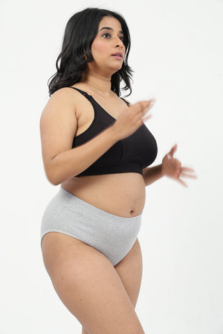 Riva Fine-Rib Cotton Feeding Bra & Mid Rise Hipster - (Black & Grey Melange)