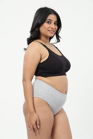 Riva Fine-Rib Cotton Feeding Bra & Mid Rise Hipster - (Black & Grey Melange)