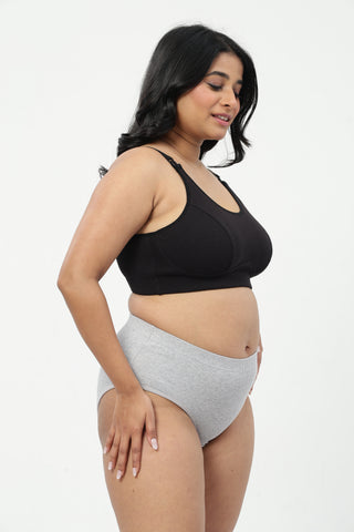 Riva Fine-Rib Cotton Feeding Bra & Mid Rise Hipster - (Black & Grey Melange)