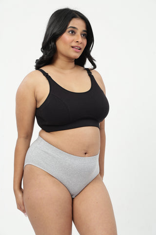 Riva Fine-Rib Cotton Feeding Bra & Mid Rise Hipster - (Black & Grey Melange)