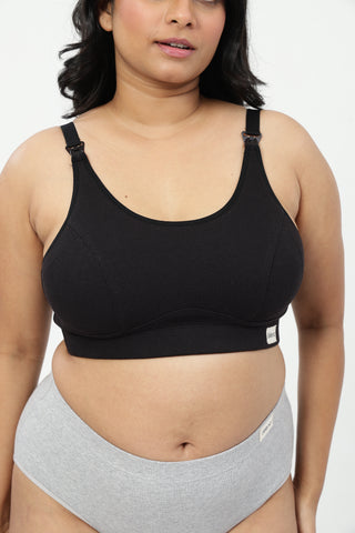 Riva Fine-Rib Cotton Feeding Bra & Mid Rise Hipster - (Black & Grey Melange)
