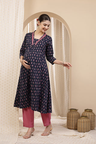 Side profile of the Embroidered Floral Cotton Kurta Set, showing the smooth drape of the Cotton fabric.