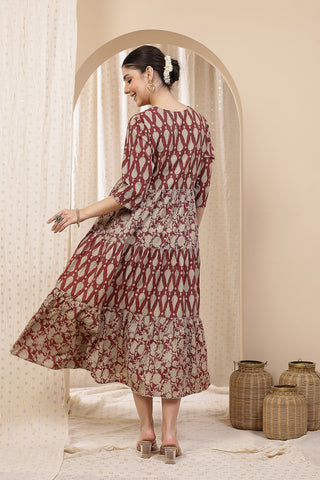 Detailed shot of the Cotton fabric and color/print of the Ethnic Cotton Tiered Kurti for Feeding Kurti.