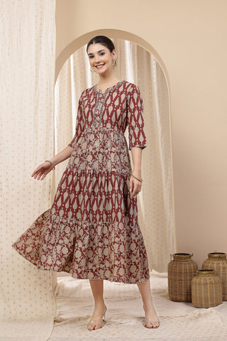 Full view of the Ethnic Cotton Tiered Kurti for Feeding Cotton Kurti on a model, highlighting its A-line fit and length.