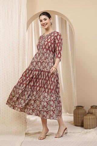 Full view of the Ethnic Cotton Tiered Kurti for Feeding Cotton Kurti on a model, highlighting its A-line fit and length.