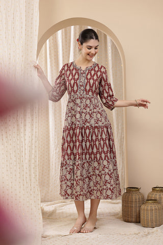 Side profile of the Ethnic Cotton Tiered Kurti for Feeding Kurti, demonstrating the comfortable A-line fit for pregna...