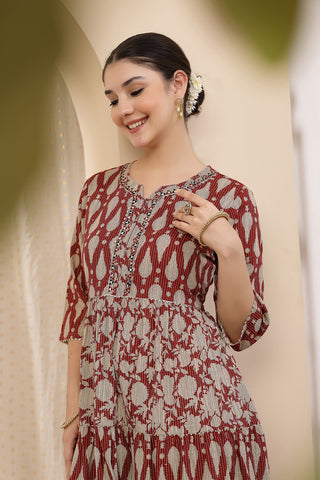 Back view of the Ethnic Cotton Tiered Kurti for Feeding Kurti, showcasing the flowing tiered style.