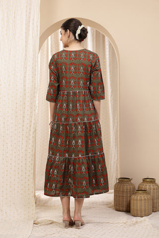 Detailed shot of the Cotton fabric and color/print of the Ethnic Cotton Tiered Kurti for Feeding Kurti.