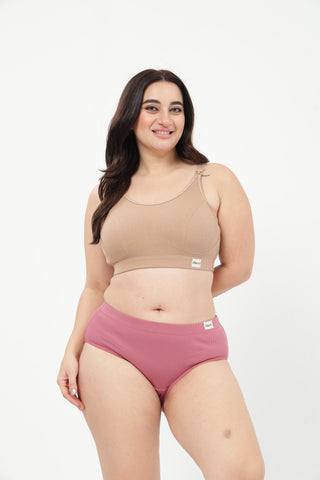 Riva Fine-Rib Cotton Feeding Bra & Mid Rise Hipster - (Skin & Blush)