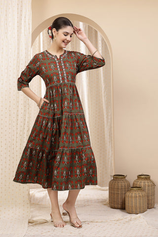 Full view of the Ethnic Cotton Tiered Kurti for Feeding Cotton Kurti on a model, highlighting its A-line fit and length.