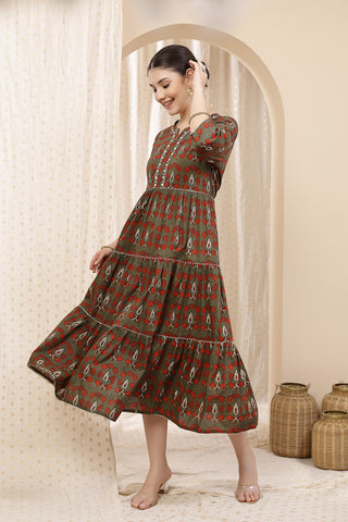 Model posing, highlighting the accessible discreet nursing zips of the Ethnic Cotton Tiered Kurti for Feeding Kurti.