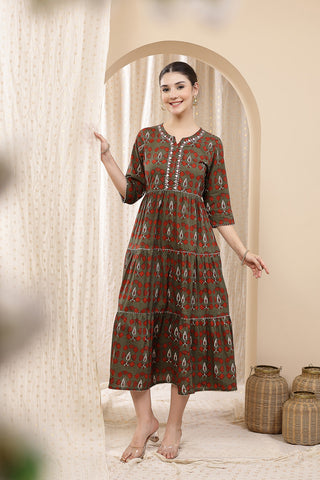Close-up of the tiered style on the Ethnic Cotton Tiered Kurti for Feeding Kurti.