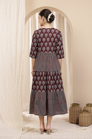 Detailed shot of the Cotton fabric and color/print of the Ethnic Cotton Tiered Kurti for Feeding Kurti.