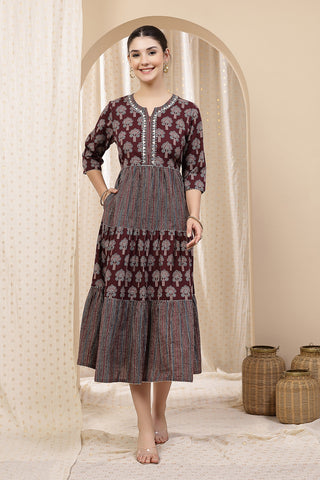 Full view of the Ethnic Cotton Tiered Kurti for Feeding Cotton Kurti on a model, highlighting its A-line fit and length.