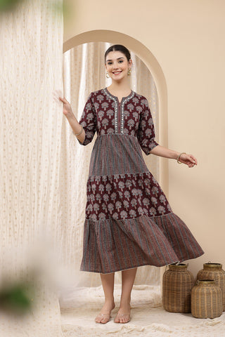 Full view of the Ethnic Cotton Tiered Kurti for Feeding Cotton Kurti on a model, highlighting its A-line fit and length.