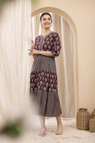 Side profile of the Ethnic Cotton Tiered Kurti for Feeding Kurti, demonstrating the comfortable A-line fit for pregna...