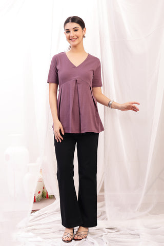 Styling detail of Pleated Cotton Maternity Nursing Top - Rosewood, highlighting rosewood print and Maternity Tops design.