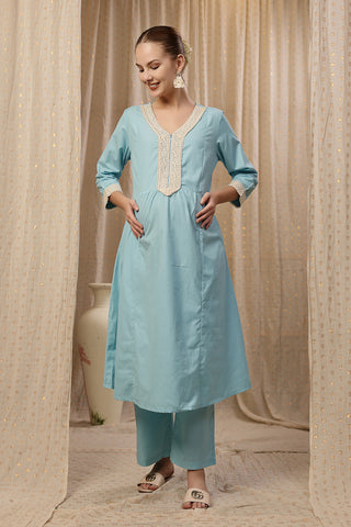 Side profile of the Cotton Kurta Pant Set, showing the smooth drape of the Cotton fabric.