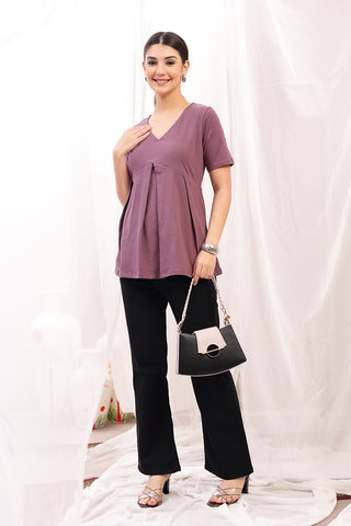 Pleated Cotton Maternity Nursing Top - Rosewood shown from alternate angle, highlighting comfort for all-day wear.