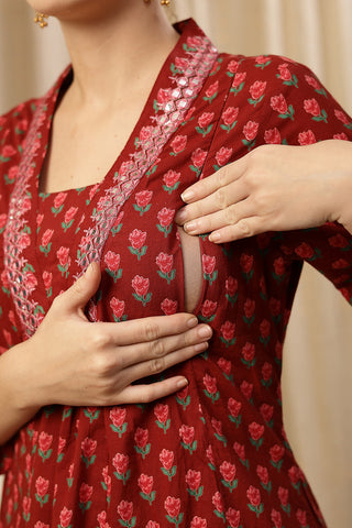 Full-length shot of model wearing the Embroidered Floral Cotton Kurta Set. Emphasizes the comfortable Flattering A-Line.
