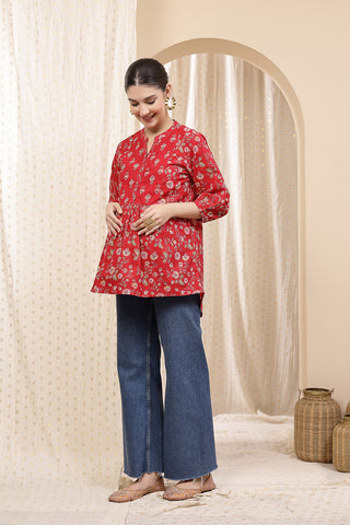 Maternity Zipless Feeding Peplum Top - Red Floral