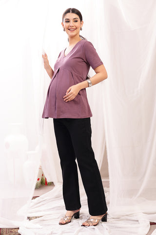 Side or angle view of Pleated Cotton Maternity Nursing Top - Rosewood showing the Maternity Tops silhouette and fit.
