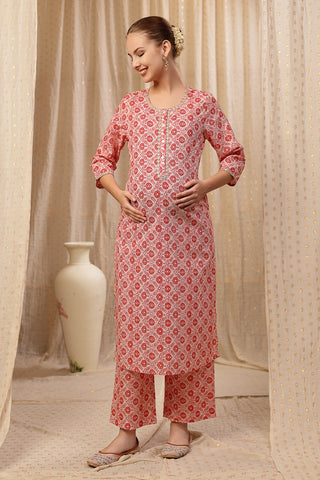 Zipless Feeding Kurta-Pant Set - Pink