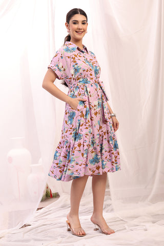 Woman wearing Floral Printed Zipless Feeding Maternity Dress in Pink - Pre & Post Pregnancy