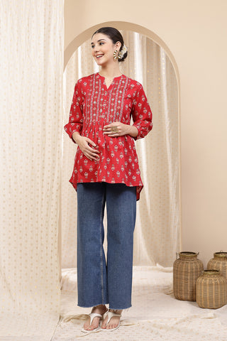 Detail shot of Cotton fabric; shows stretch and rust color/print.