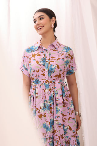 Studio Shot of Floral Printed Zipless Feeding Maternity Dress showing Rayon Design Quality