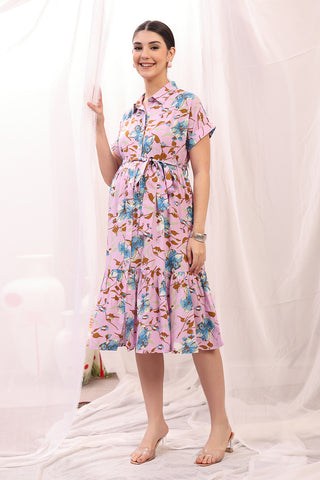 Back View of Floral Printed Zipless Feeding Maternity Dress - Flattering Silhouette for Pregnancy